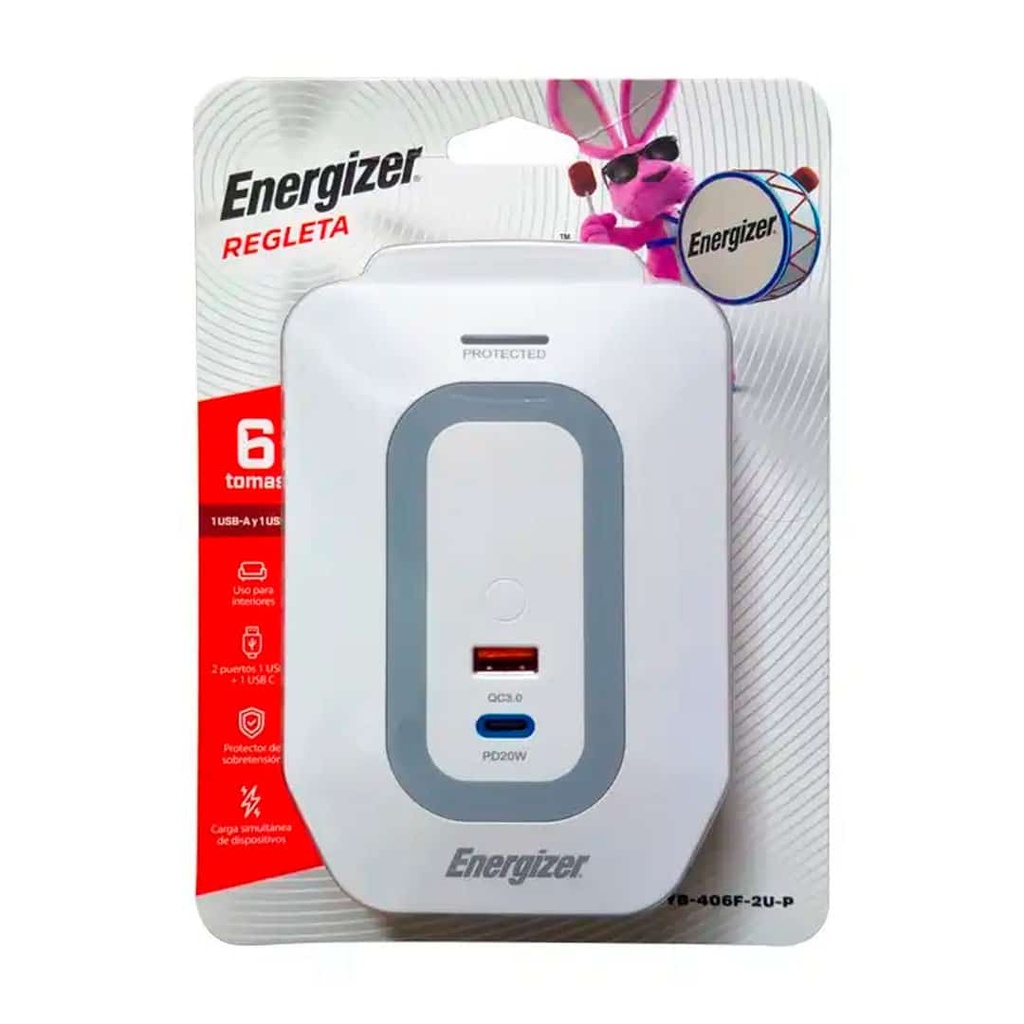 Regleta y Protector Energizer – 6 Tomas / 1 USB-A / 1 USB-C